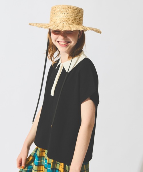 MERLOT（メルロー）の「配色ニットポロトップス（ポロシャツ・レディース・ブラック/ナチュラル・FREE）」の5枚目の写真