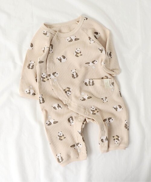 apres les cours（アプレレクール）の「パンダ・ハート・きょうりゅう柄ワッフルカバーオール（ロンパース・キッズ・ミント/アイボリー/ベージュ・80/60/70）」の2枚目の写真