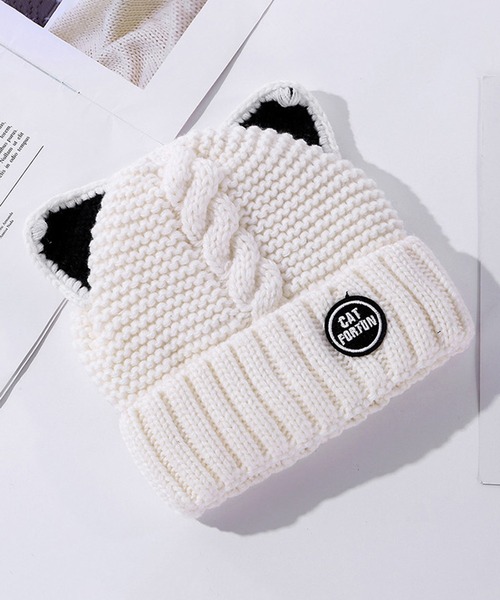 Revo.（レボ）の「猫耳 ケーブル編み ニット帽 ワンポイントワッペン