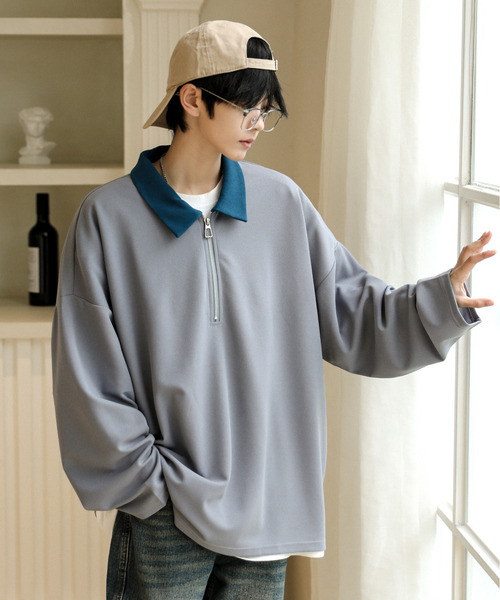 neos（ネオス）の「【neos -addictive design-】ルーズシルエット クレリック 切替 ハーフジップ アノラック トップス（Tシャツ/カットソー・メンズ・グリーン/オレンジ/グレー・MEDIUM/LARGE）」の2枚目の写真