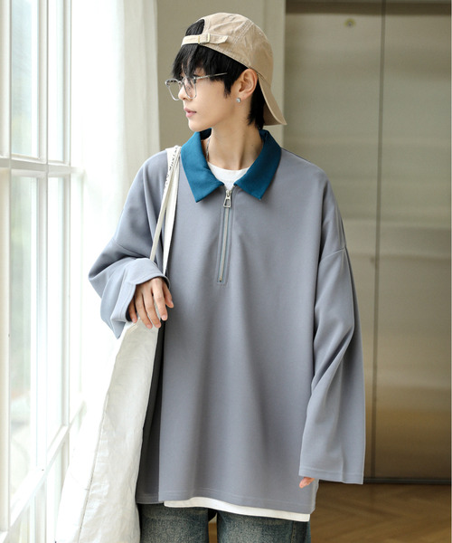 neos（ネオス）の「【neos -addictive design-】ルーズシルエット クレリック 切替 ハーフジップ アノラック トップス（Tシャツ/カットソー・メンズ・グリーン/オレンジ/グレー・MEDIUM/LARGE）」の9枚目の写真