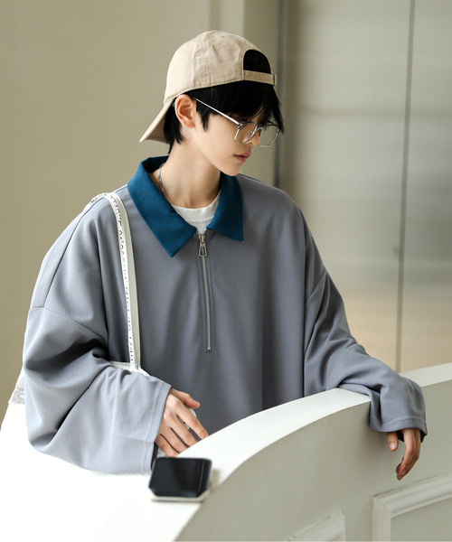 neos（ネオス）の「【neos -addictive design-】ルーズシルエット クレリック 切替 ハーフジップ アノラック トップス（Tシャツ/カットソー・メンズ・グリーン/オレンジ/グレー・MEDIUM/LARGE）」の11枚目の写真