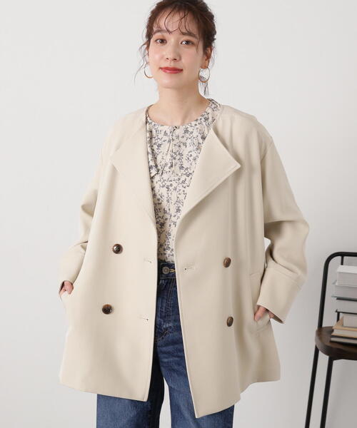 N.（N. Natural Beauty Basic）（エヌエヌナチュラルビューティーベーシック）の「◆【S Size Line】ダブルクロスノーカラーショートコート（ノーカラージャケット・レディース・モカ/ライトベージュ・SMALL/MEDIUM）」の6枚目の写真