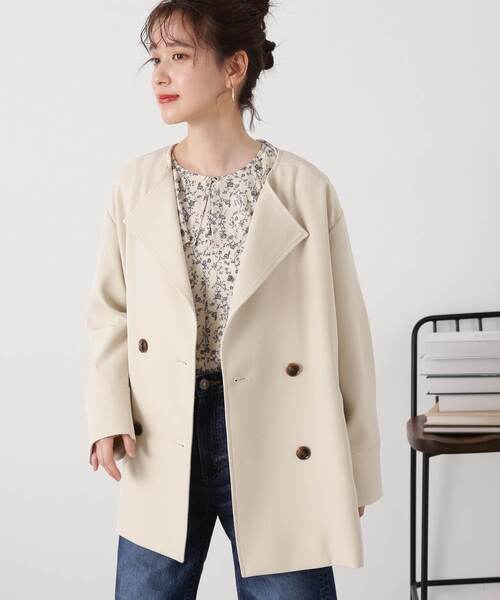 N.（N. Natural Beauty Basic）（エヌエヌナチュラルビューティーベーシック）の「◆【S Size Line】ダブルクロスノーカラーショートコート（ノーカラージャケット・レディース・モカ/ライトベージュ・SMALL/MEDIUM）」の7枚目の写真