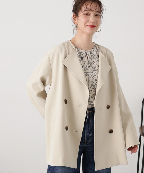 N.（N. Natural Beauty Basic）（エヌエヌナチュラルビューティーベーシック）の「◆【S Size Line】ダブルクロスノーカラーショートコート（ノーカラージャケット・レディース・モカ/ライトベージュ・SMALL/MEDIUM）」の4枚目の写真