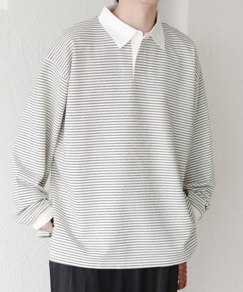 epnok（エプノック）の「ボーダーラガーシャツ（スウェット・メンズ・ブラック/オフホワイト・SMALL/MEDIUM/LARGE）」の2枚目の写真