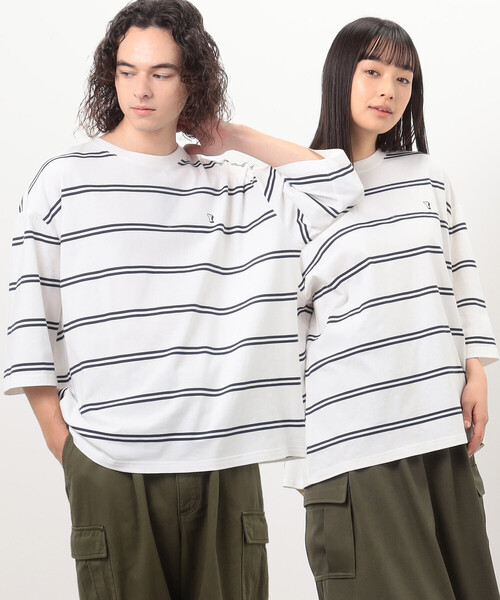 Purple&Yellow（パープルアンドイエロー）の「プリントボーダー ５分袖Ｔシャツ（Tシャツ/カットソー・メンズ・パープル/ホワイト/ブラック・SMALL/MEDIUM/LARGE）」の2枚目の写真