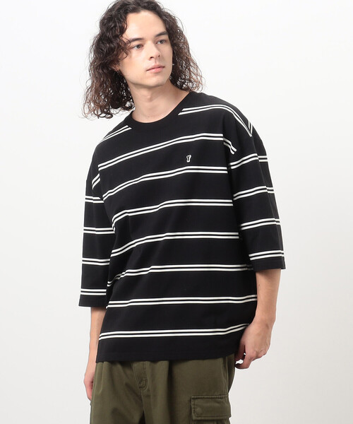 Purple&Yellow（パープルアンドイエロー）の「プリントボーダー ５分袖Ｔシャツ（Tシャツ/カットソー・メンズ・パープル/ホワイト/ブラック・SMALL/MEDIUM/LARGE）」の3枚目の写真