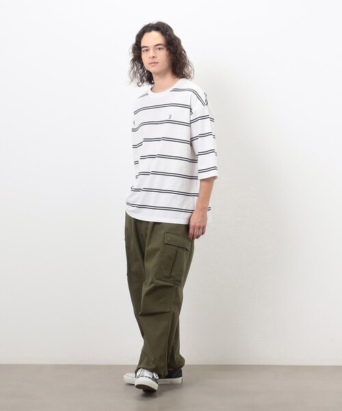 Purple&Yellow（パープルアンドイエロー）の「プリントボーダー ５分袖Ｔシャツ（Tシャツ/カットソー・メンズ・パープル/ホワイト/ブラック・SMALL/MEDIUM/LARGE）」の4枚目の写真