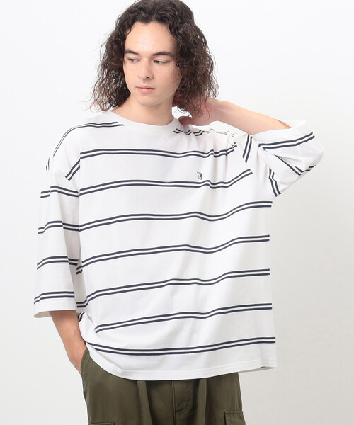 Purple&Yellow（パープルアンドイエロー）の「プリントボーダー ５分袖Ｔシャツ（Tシャツ/カットソー・メンズ・パープル/ホワイト/ブラック・SMALL/MEDIUM/LARGE）」の5枚目の写真