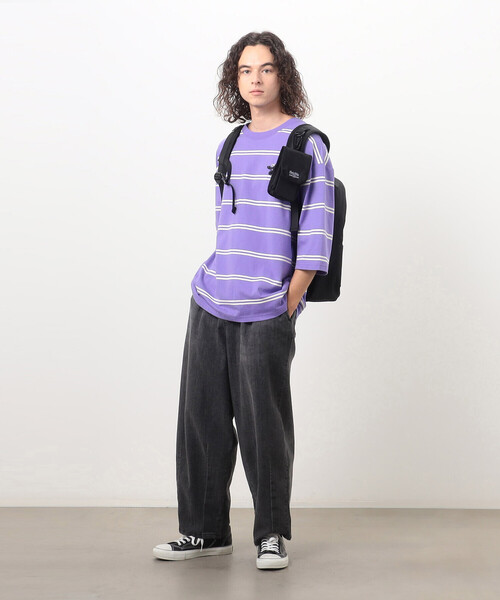 Purple&Yellow（パープルアンドイエロー）の「プリントボーダー ５分袖Ｔシャツ（Tシャツ/カットソー・メンズ・パープル/ホワイト/ブラック・SMALL/MEDIUM/LARGE）」の19枚目の写真