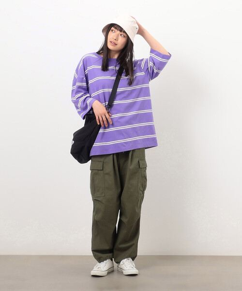 Purple&Yellow（パープルアンドイエロー）の「プリントボーダー ５分袖Ｔシャツ（Tシャツ/カットソー・メンズ・パープル/ホワイト/ブラック・SMALL/MEDIUM/LARGE）」の21枚目の写真