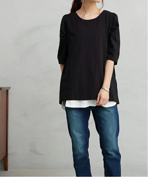 and it_(アンドイット)の「タックパフスリーブ五分袖カットソー(Tシャツ/カットソー・レディース・ブラック/グレイッシュベージュ/オフホワイト・M/L/LL)」の14枚目の写真