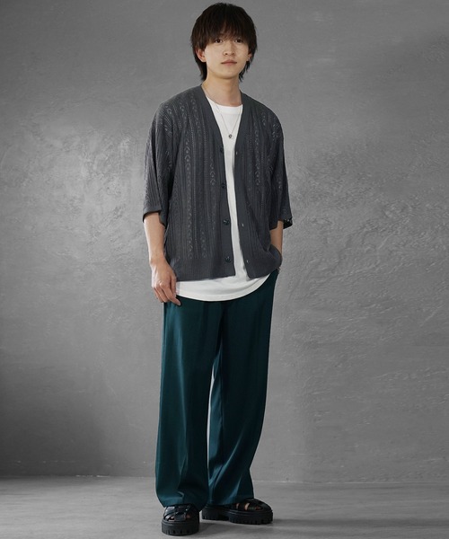 MinoriTY】透かし編みハーフスリーブカーディガン メンズ オーバー