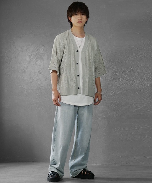 k*a様 【サイト完売商品】ビッグシルエット ベルスリーブ カーディガン MinoriTY】透かし編みハーフスリーブカーディガン メンズ