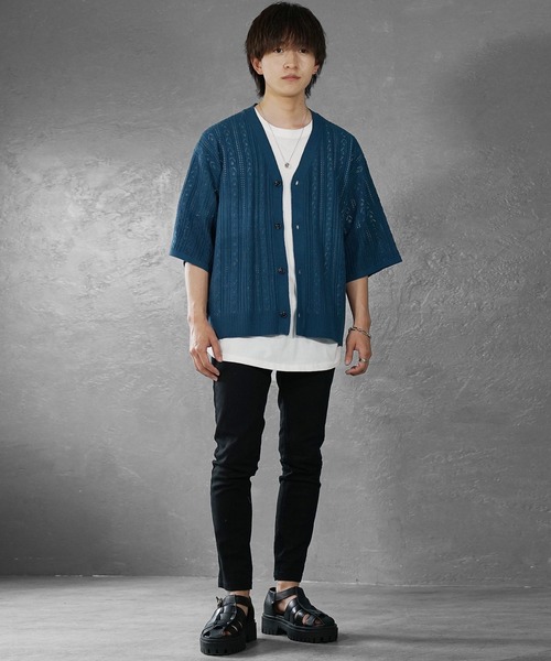 MinoriTY(マイノリティ)の「【MinoriTY】透かし編みハーフスリーブカーディガン メンズ オーバーサイズ ビッグシルエット ルーズフィット 夏服(カーディガン/ボレロ・メンズ・ライトグレー/チャコール/ブルー・S/M/L)」の9枚目の写真
