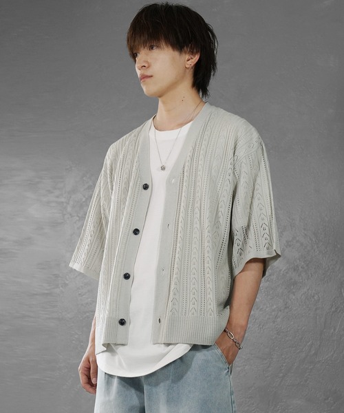 MinoriTY(マイノリティ)の「【MinoriTY】透かし編みハーフスリーブカーディガン メンズ オーバーサイズ ビッグシルエット ルーズフィット 夏服(カーディガン/ボレロ・メンズ・ライトグレー/チャコール/ブルー・S/M/L)」の11枚目の写真