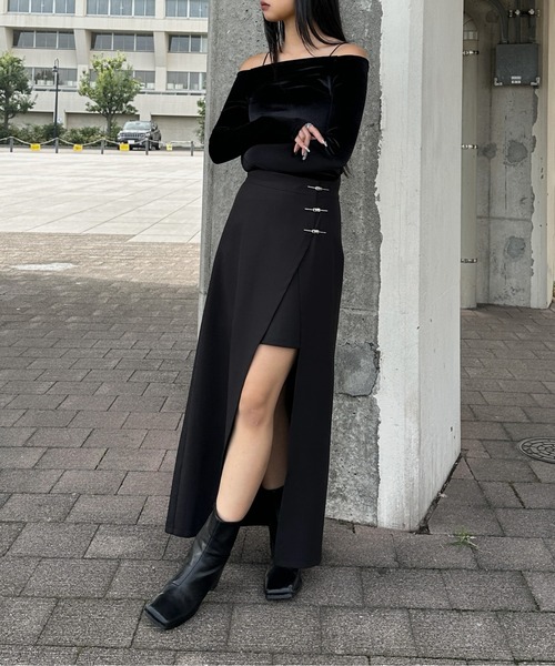 【美品】emmi アシンメトリーデザインラップスカート　オリーブ LVEU.】2wayピンデザインラップスカート / ボトムス ミニ