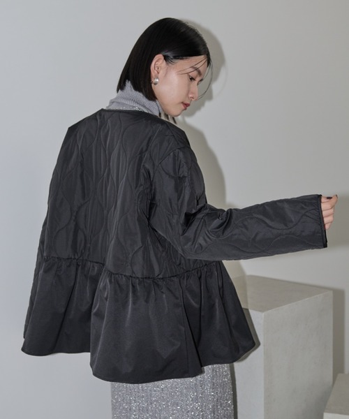 yori ヘムフリルキルトショートコート黒 中綿 フリーサイズ ヨリ yori