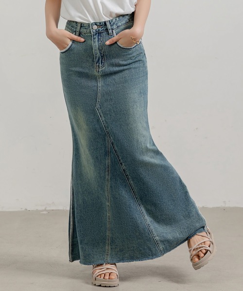 DAY CLOSET(デイ クローゼット)の「【大きいサイズ有/ウォッシュ&ダメージ加工】スリット入り マーメイドステッチ ロングデニムスカート レディース(デニムスカート・レディース・ブルー系その他/ダークグレー/ライトブルー・S/M/L/XL/2XL)」の22枚目の写真