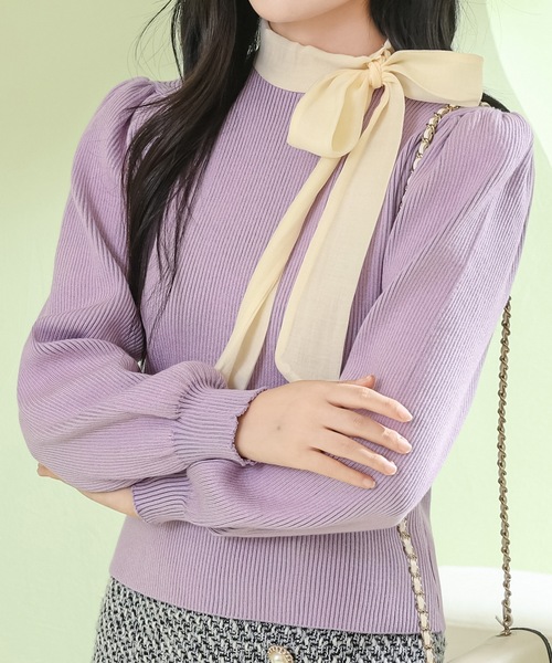 Lace Ladies(レースレディース)の「ボウタイ付き パワーショルダー リブ ニット プルオーバー(ニット/セーター・レディース・パープル/ブラック/アイボリー・FREE)」の3枚目の写真