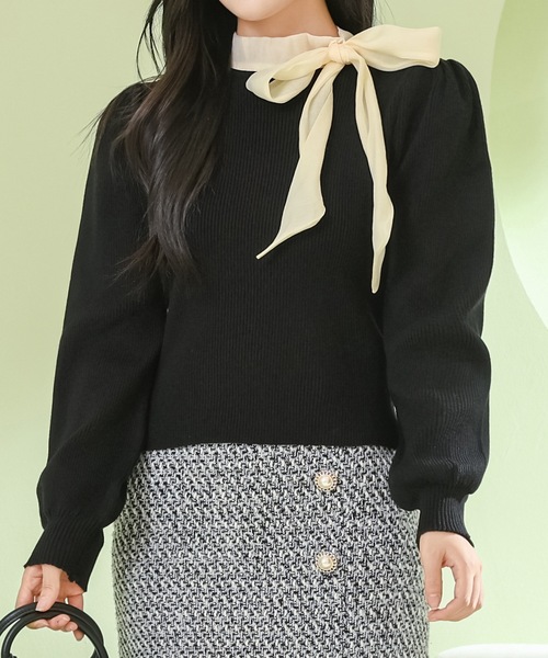 Lace Ladies(レースレディース)の「ボウタイ付き パワーショルダー リブ ニット プルオーバー(ニット/セーター・レディース・パープル/ブラック/アイボリー・FREE)」の7枚目の写真