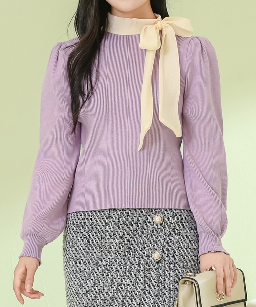 Lace Ladies(レースレディース)の「ボウタイ付き パワーショルダー リブ ニット プルオーバー(ニット/セーター・レディース・パープル/ブラック/アイボリー・FREE)」の11枚目の写真