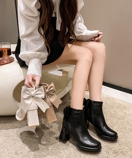 Lace Ladies（レースレディース）の「バック リボン チャンキー ショート ブーツ（ブーツ・レディース・ブラック/アイボリー/ベージュ・22.5/23/23.5/24/24.5）」の7枚目の写真