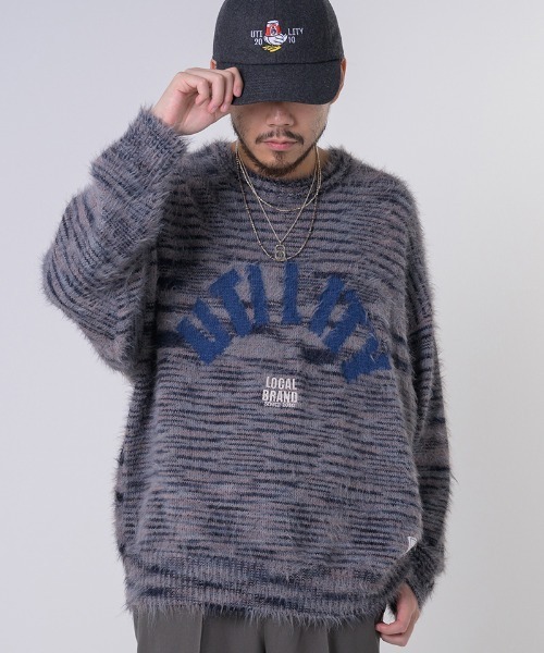 EFFECTEN(エフェクテン)の「mn3029-Arch Logo Shaggy Knit シャギーニット(ニット/セーター・メンズ・グレー系その他/ネイビー系・FREE)」の5枚目の写真