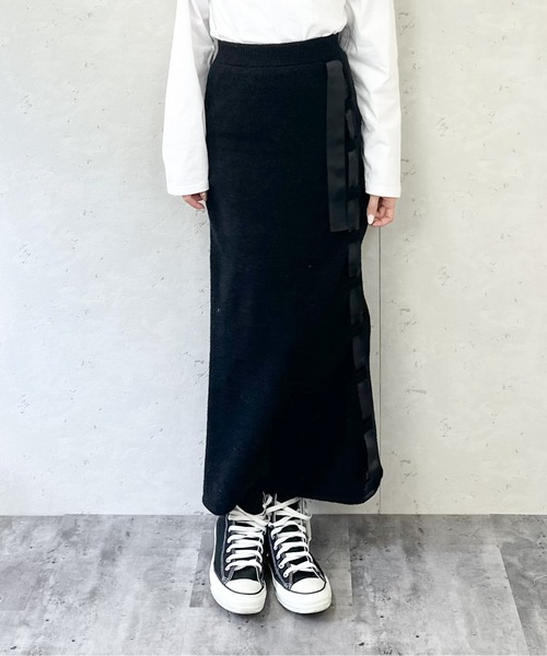 Per sist ence(パーシエンス)の「サイドリボンアルパカタッチニットタイトスカート(スカート・レディース・ブラック/グレー/オフホワイト・FREE)」の10枚目の写真
