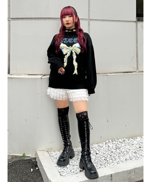 jouetie（ジュエティ）の「リボンジャガードルーズニット/赤ニット（ニット/セーター・レディース・ブラック/グレー/レッド・MEDIUM）」の7枚目の写真