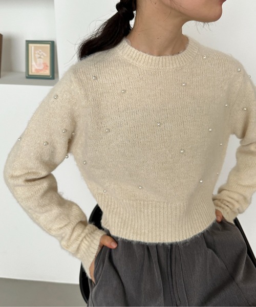 feepur（フェピュール）の「【ハンドウォッシャブル】パールクロップドニット（ニット/セーター・レディース・ブラック/オフホワイト/グレー・MEDIUM）」の16枚目の写真