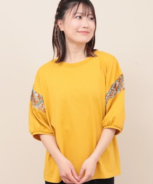 チチカカ(チチカカ)の「コンビラインパフトップス(Tシャツ/カットソー・レディース・ブラック/イエロー/オフホワイト・FREE)」の1枚目の写真