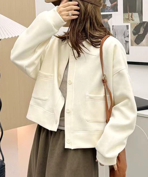 aimoha(アイモハ)の「シンプルデザインノーカラージャケット(ノーカラージャケット・レディース・パープル/ブラック/杢グレー/グリーン/ピンク/ライトベージュ・FREE)」の3枚目の写真