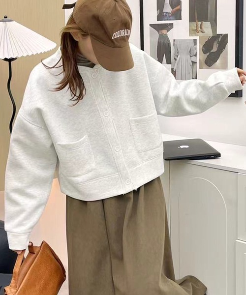 aimoha(アイモハ)の「シンプルデザインノーカラージャケット(ノーカラージャケット・レディース・パープル/ブラック/杢グレー/グリーン/ピンク/ライトベージュ・FREE)」の16枚目の写真