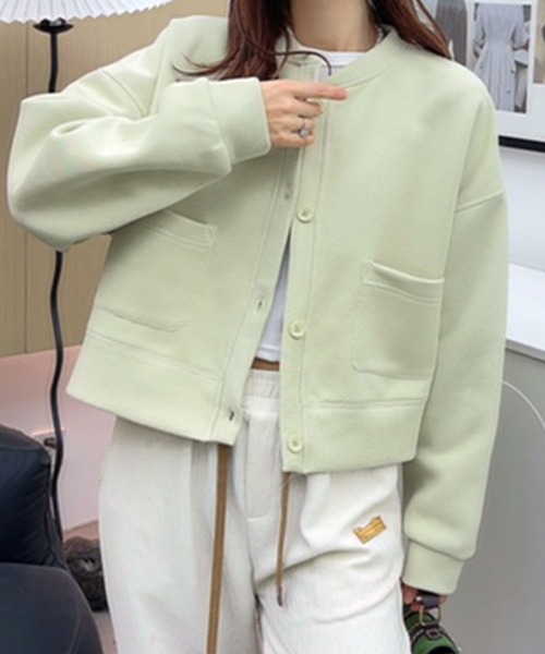 aimoha(アイモハ)の「シンプルデザインノーカラージャケット(ノーカラージャケット・レディース・パープル/ブラック/杢グレー/グリーン/ピンク/ライトベージュ・FREE)」の18枚目の写真