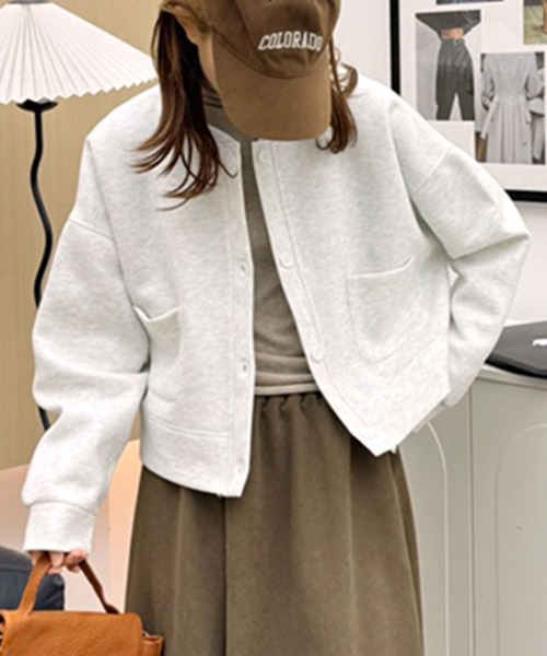 aimoha(アイモハ)の「シンプルデザインノーカラージャケット(ノーカラージャケット・レディース・パープル/ブラック/杢グレー/グリーン/ピンク/ライトベージュ・FREE)」の17枚目の写真