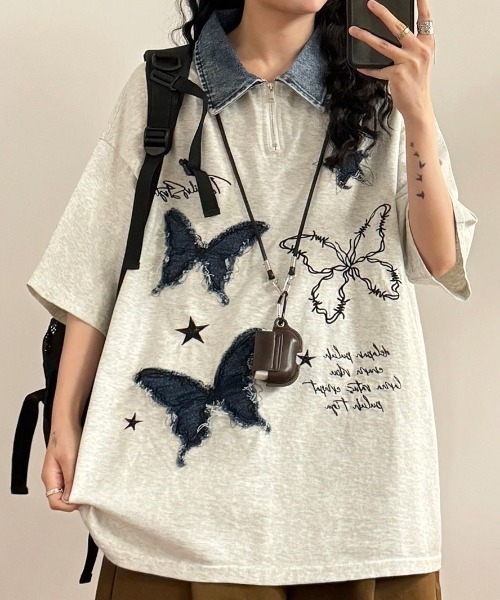 ホワイト 蝶の刺繍 半袖Tシャツ セール】蝶刺繍半袖ポロシャツ（Tシャツ/カットソー）｜FreeZone