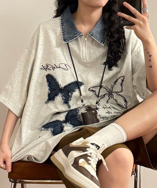セール】蝶刺繍半袖ポロシャツ（Tシャツ/カットソー）｜FreeZone