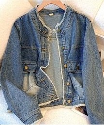 Sakka | ノーカラーダメージデニムジャケット(デニムジャケット)