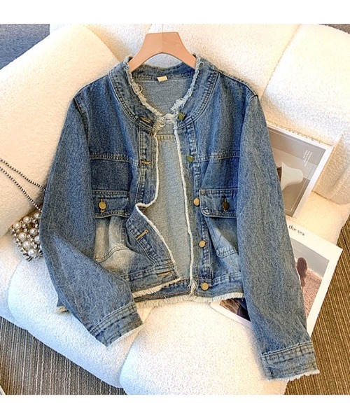 Sakka（サッカ）の「ノーカラーダメージデニムジャケット（デニムジャケット・レディース・インディゴブルー・SMALL/MEDIUM/LARGE）」の8枚目の写真