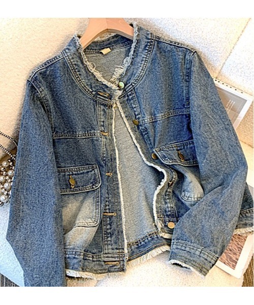 Sakka（サッカ）の「ノーカラーダメージデニムジャケット（デニムジャケット・レディース・インディゴブルー・SMALL/MEDIUM/LARGE）」の7枚目の写真