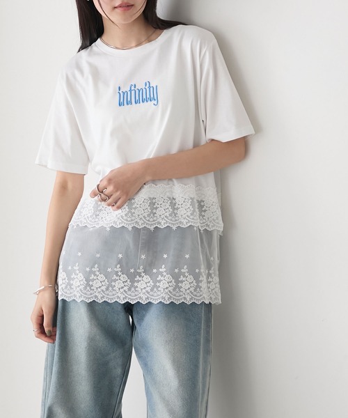 forksy.】フロントロゴ刺繍 レースドッキング Tシャツ forksy.│MONO