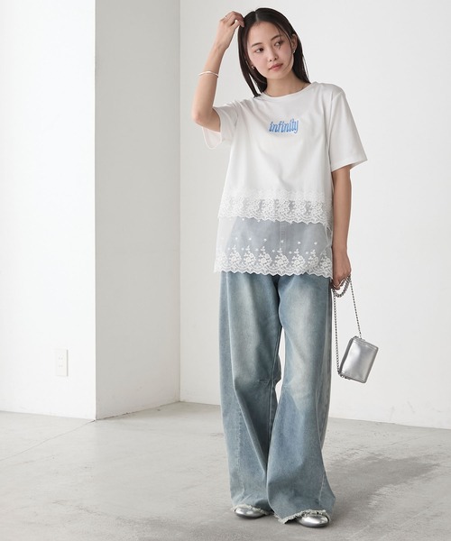 forksy.】フロントロゴ刺繍 レースドッキング Tシャツ forksy.│MONO