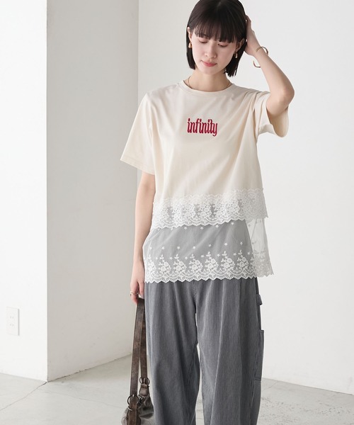 forksy.】フロントロゴ刺繍 レースドッキング Tシャツ forksy