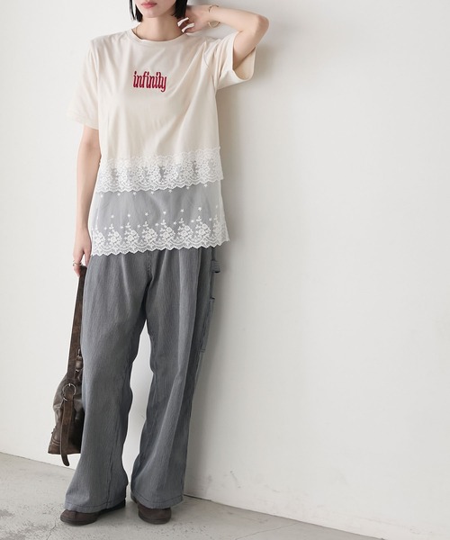 forksy.】フロントロゴ刺繍 レースドッキング Tシャツ forksy