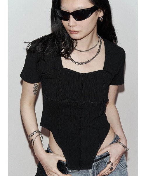 Solace（ソレイス）の「スクエアネックスリムテレコリブTシャツ（Tシャツ/カットソー・レディース・ブラック/ホワイト・FREE）」の2枚目の写真