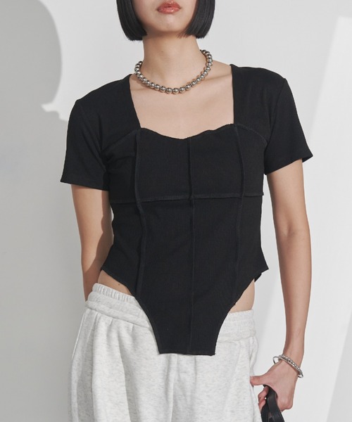 Solace（ソレイス）の「スクエアネックスリムテレコリブTシャツ（Tシャツ/カットソー・レディース・ブラック/ホワイト・FREE）」の3枚目の写真