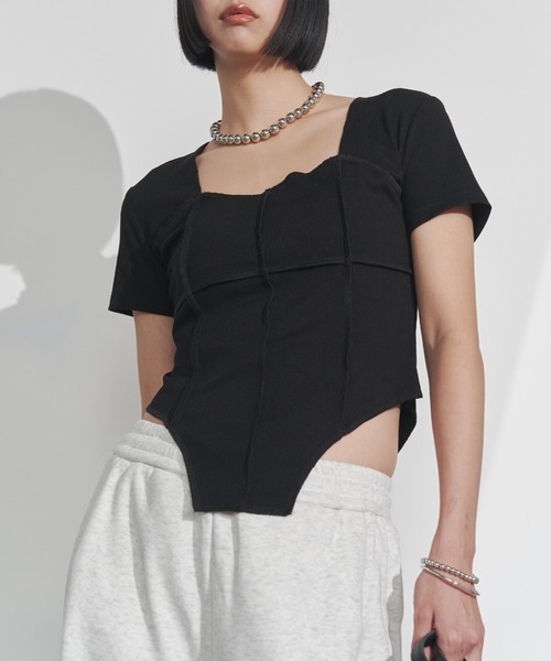 Solace（ソレイス）の「スクエアネックスリムテレコリブTシャツ（Tシャツ/カットソー・レディース・ブラック/ホワイト・FREE）」の7枚目の写真