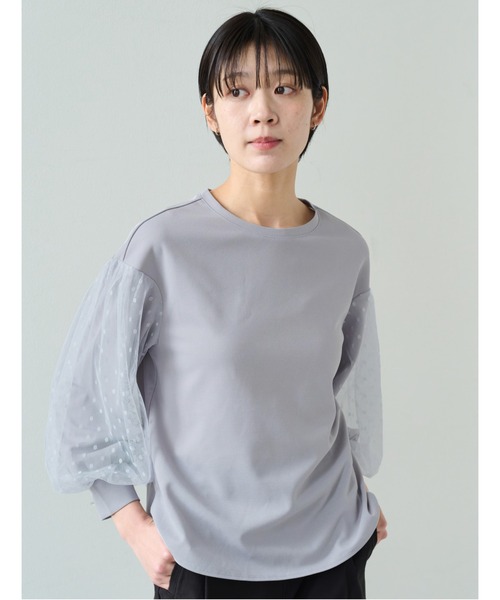 IEDIT(イディット)の「IEDIT 袖チュール重ねのカットソージョーゼットトップス(その他トップス・レディース・ホワイト/グレー・M/L/LL/3L/S)」の1枚目の写真